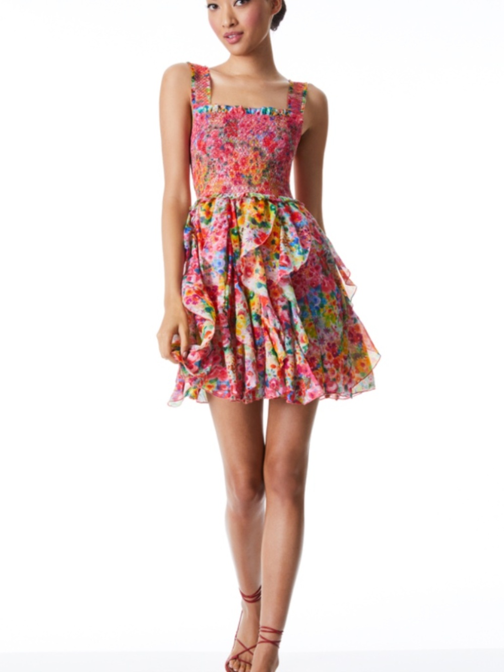 Alice + Olivia Jocelyn Smocked Ruffle Mini Dress - Garden Floral  Size 8- $550